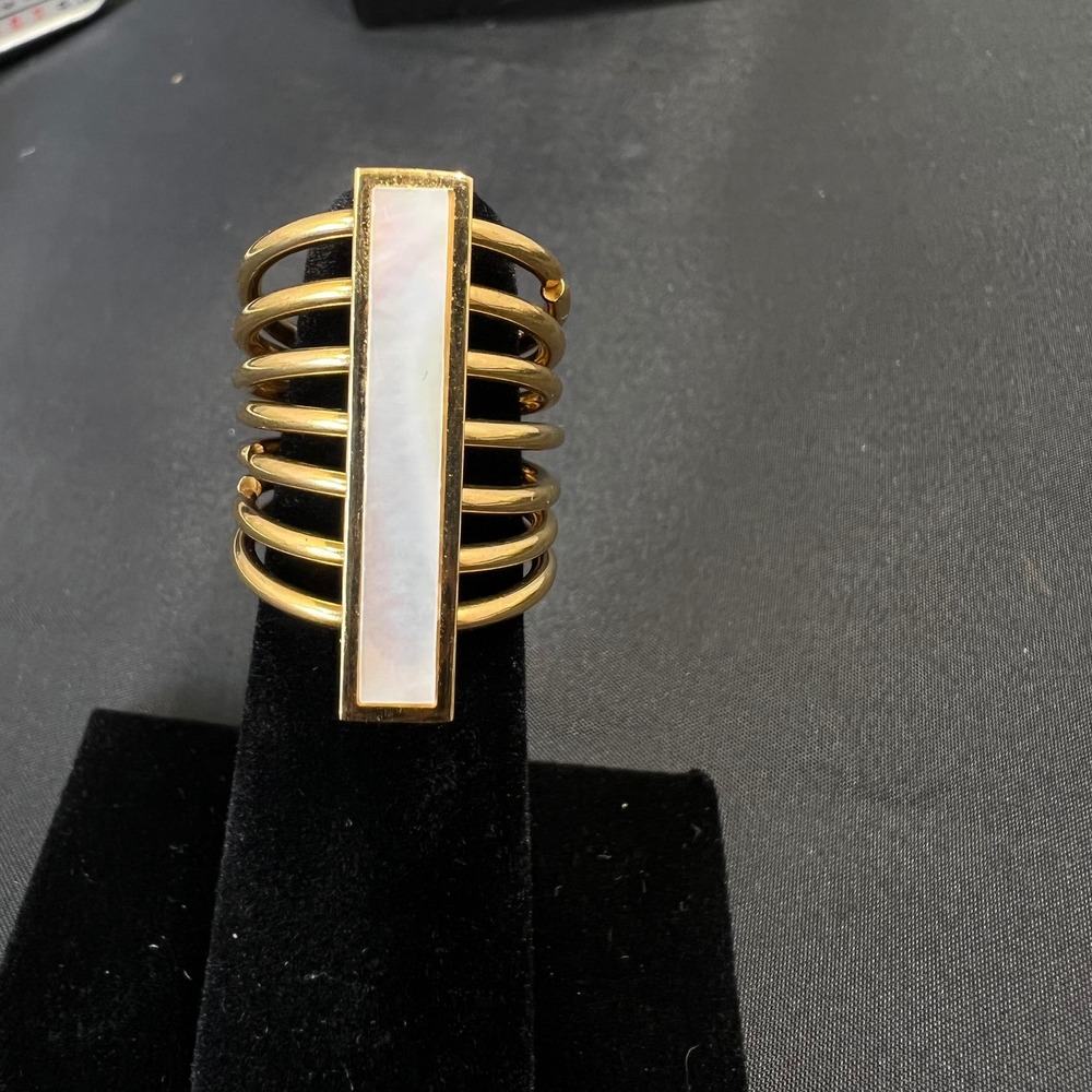 Gold Tone Multi Band Cage Ring Mother of Pearl Inlay Rectangular Bar Size 4.5